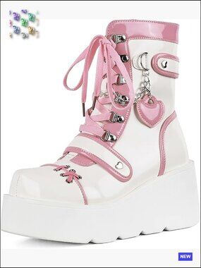 Platform Ankle Boots Chunky Heel Round Toe Zipper Wedges Gothic Punk Kawaii Mid
